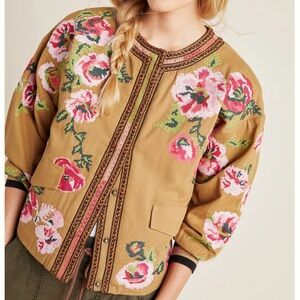 Anthropologie Needlepoint Bomber Jacket